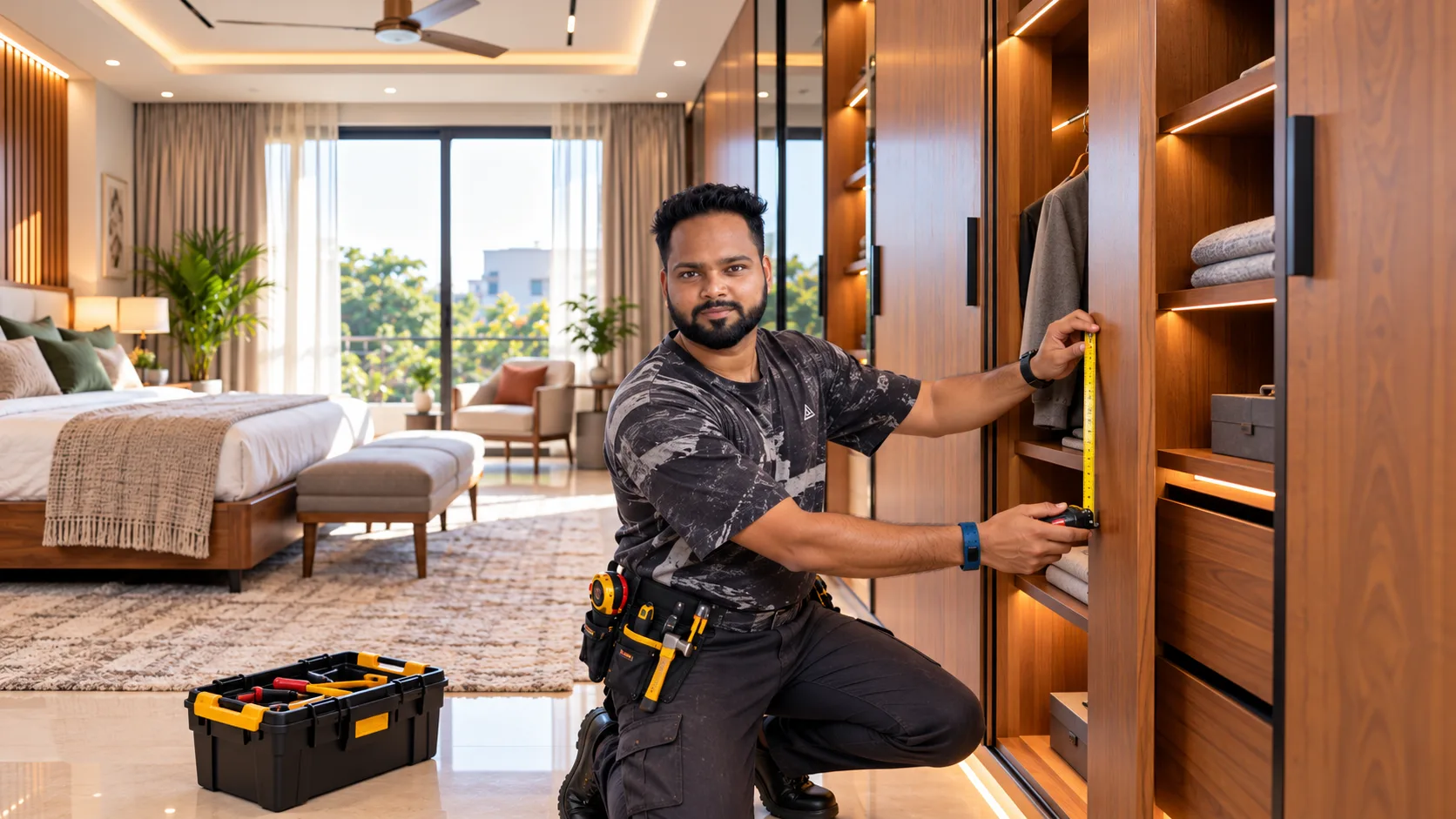 Professional carpenter working in a modern Kharar apartment