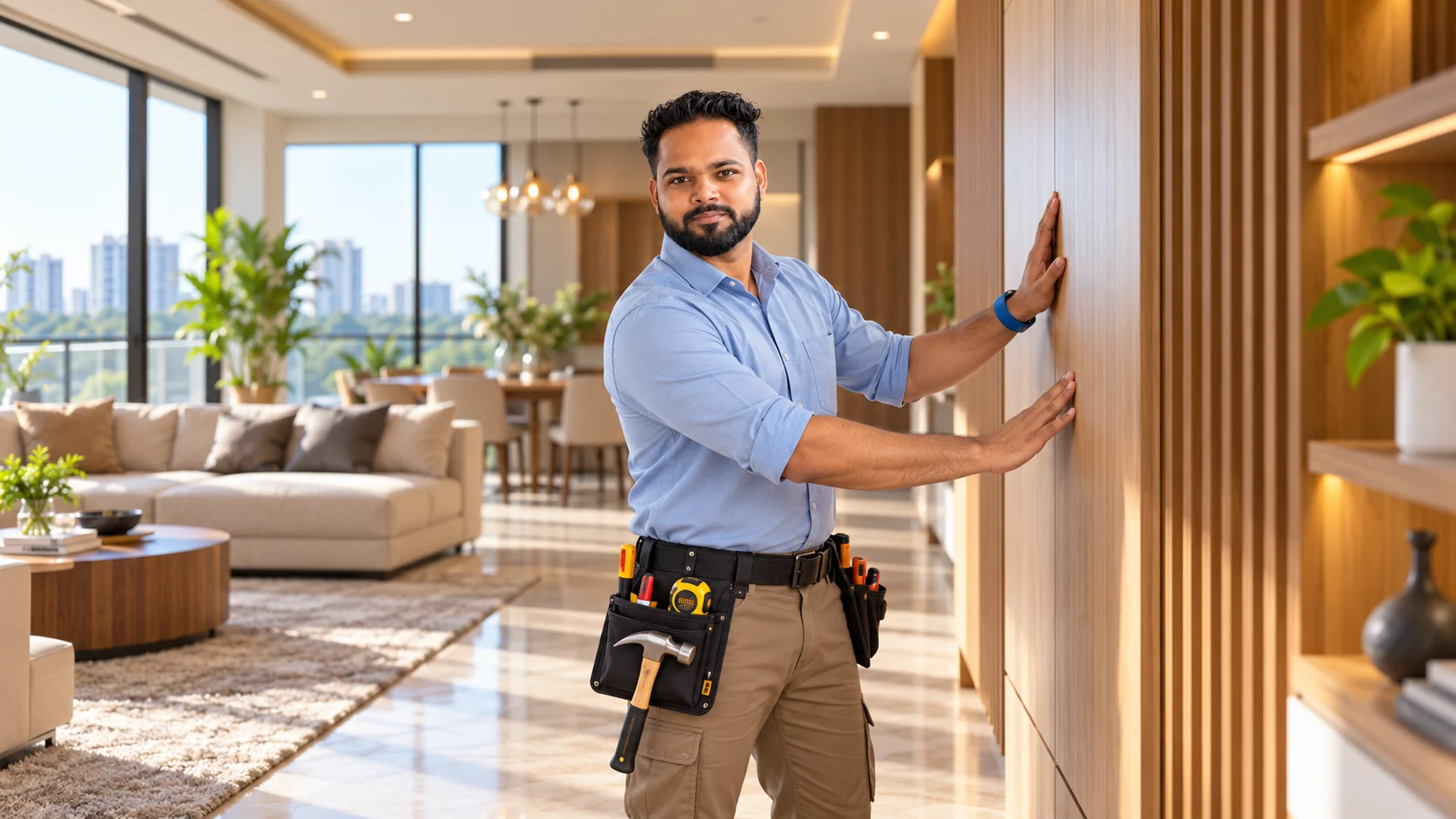 Professional carpenter working in a new Mohali apartment