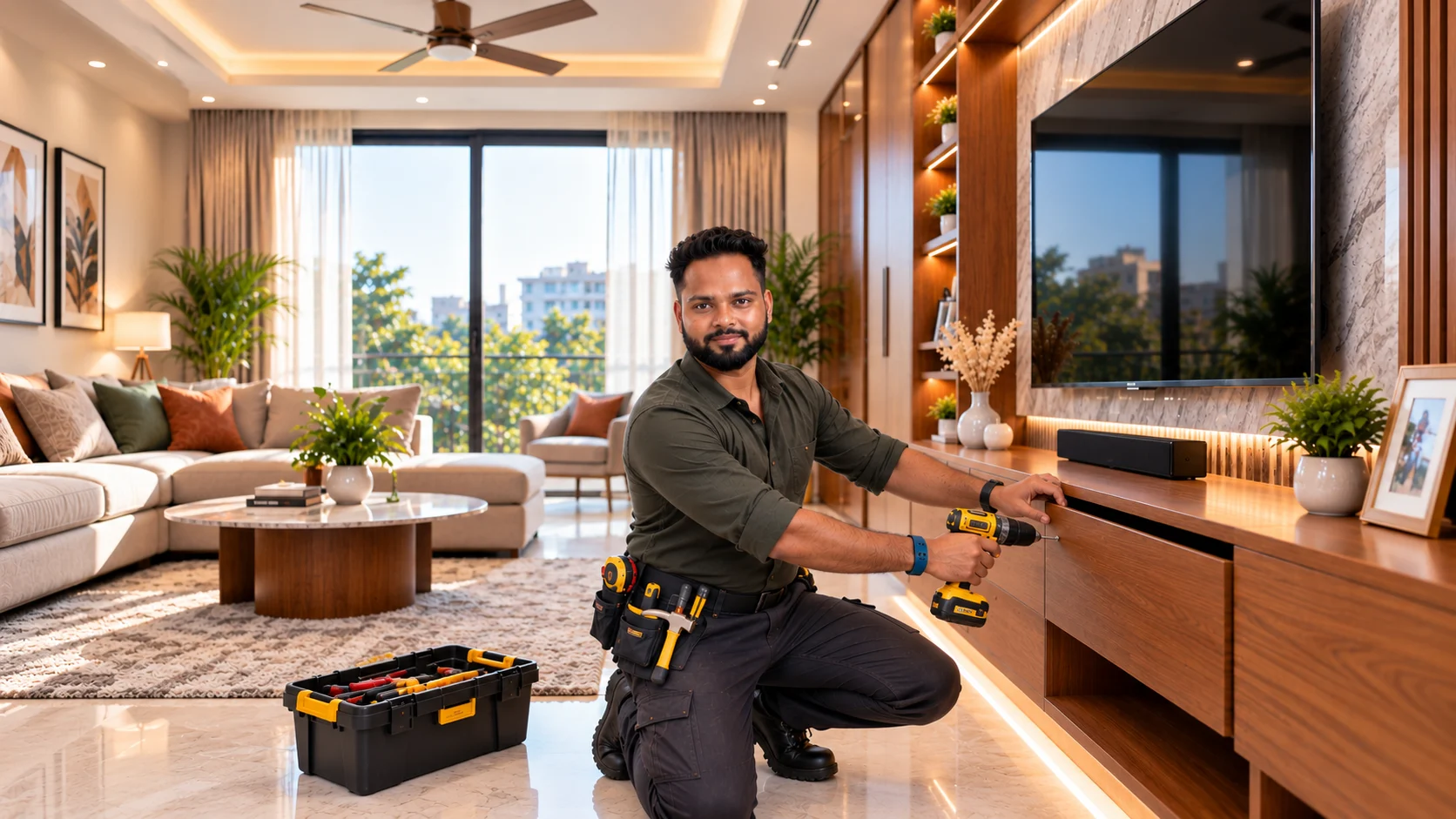 Professional carpenter working in a modern Zirakpur apartment