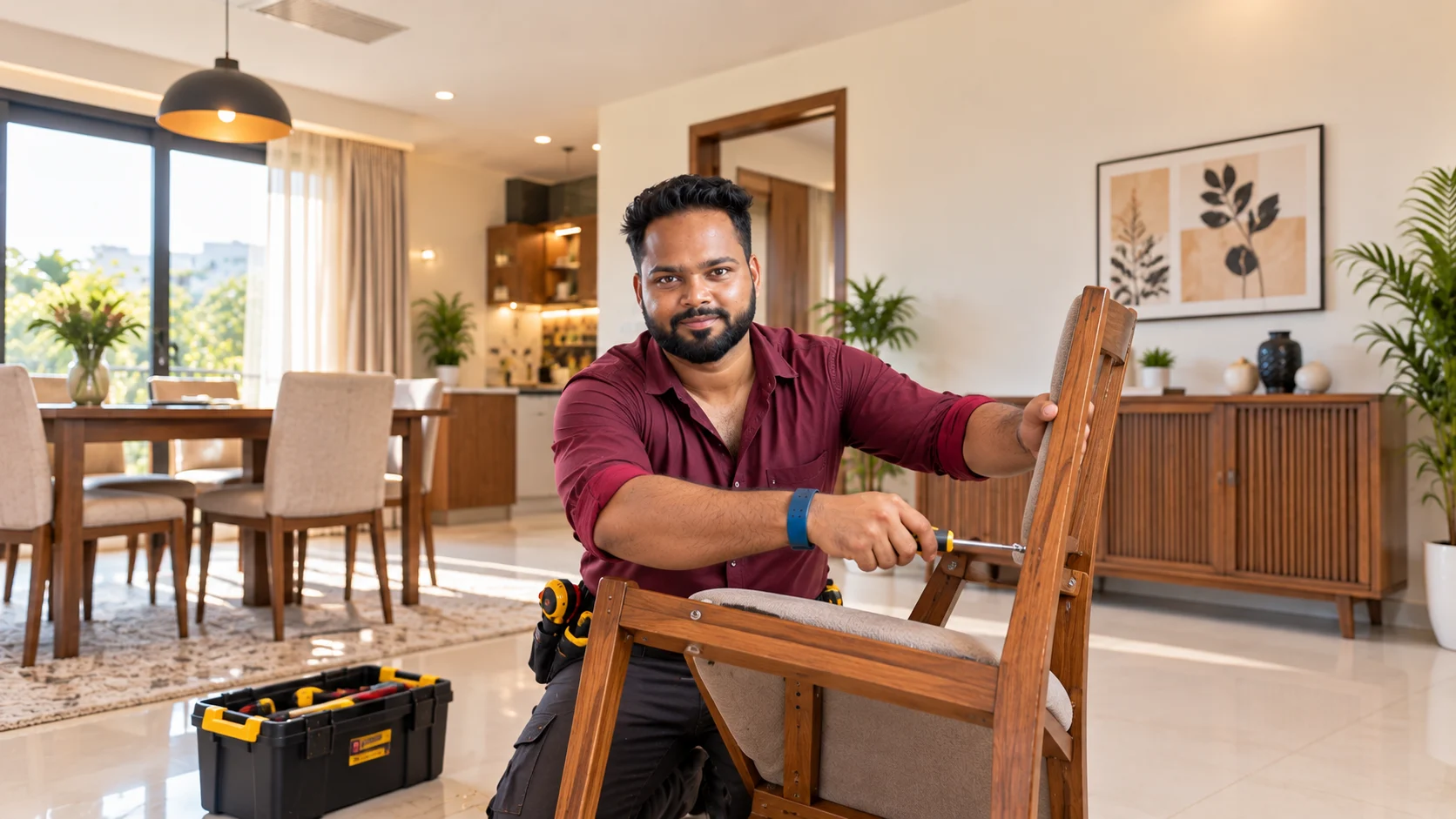 Professional carpenter repairing a wooden dining chair