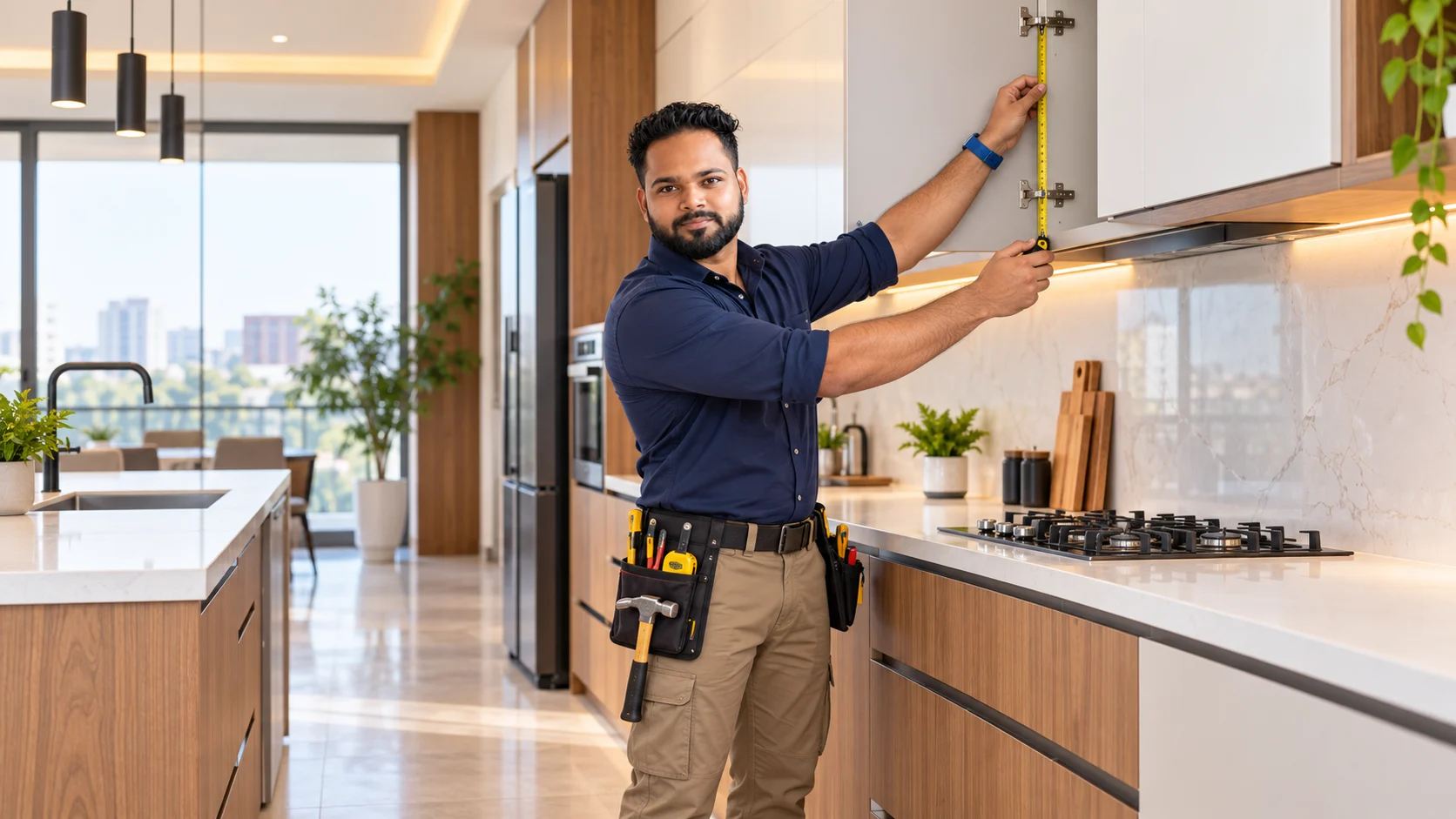 Professional carpenter building a custom modular kitchen