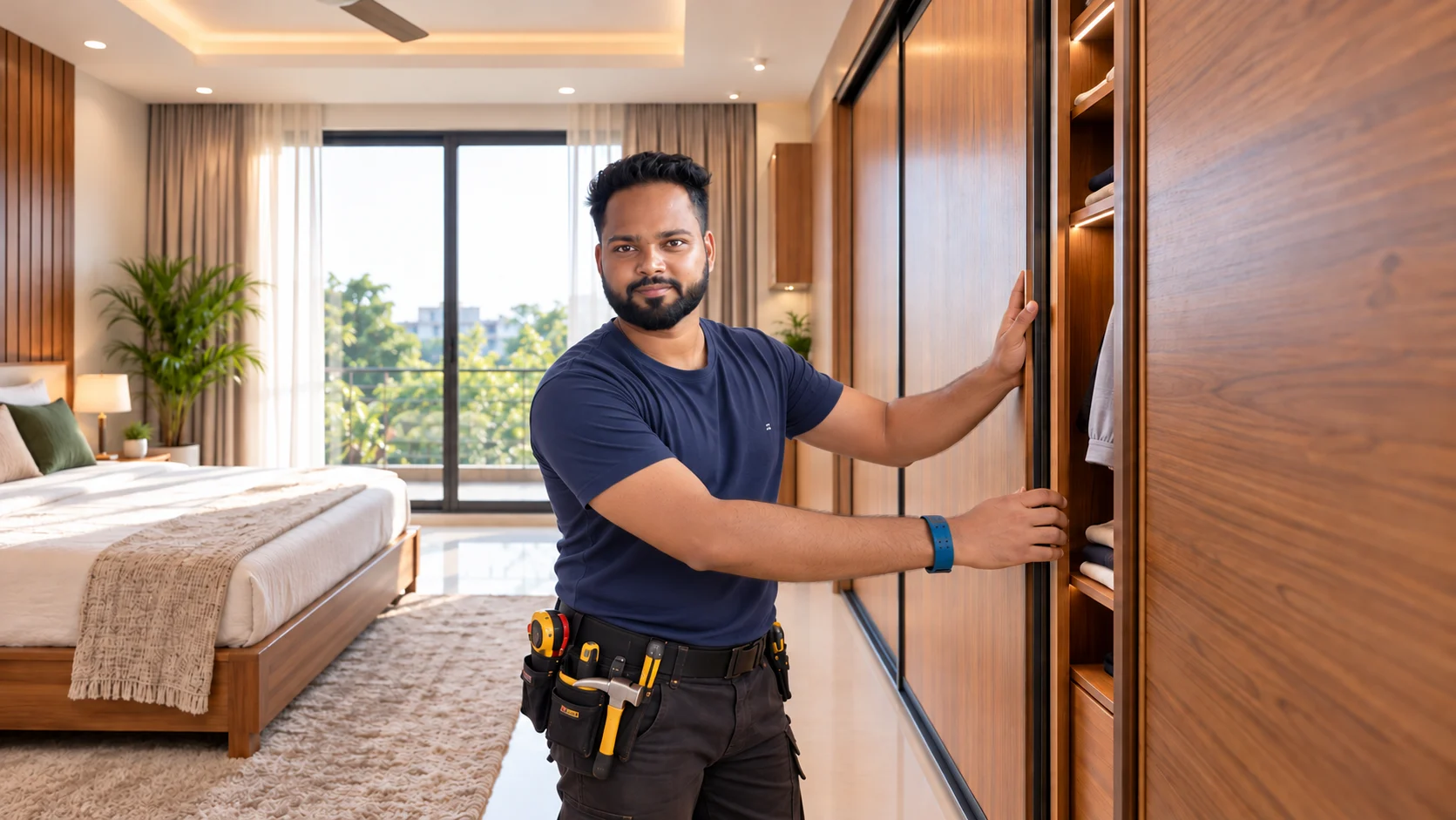 Professional carpenter fixing a sliding wooden wardrobe